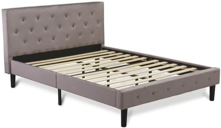 East West Furniture NL14Q-2DE13 3 Piece Queen Size Bedroom Set - Button Tufted Bed Frame - Brown Taupe Velvet Fabric Upholstered Headboard and a Burgundy Finish Nightstand