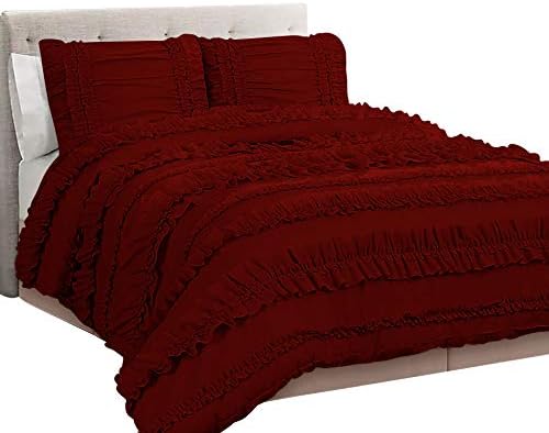 5 Piece Full Ruffles Layers Duvet Cover Set with Zipper Closure, 100% Egyptian Cotton, 1000 Thread Cotton - Full/Queen Size - Burgundy Solid