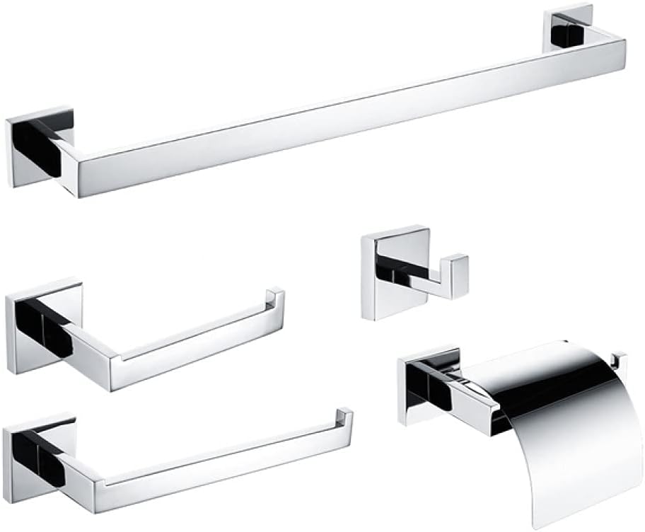 Heavy-Duty Chrome Bathroom Hardware - Towel Bar, Toilet Paper, Robe Hook - Polished Accessories Bathroom, Kitchen, More(5 Pcs Set)