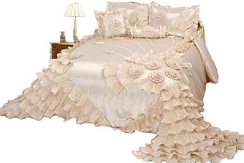 OctoRose Royalty Oversized Cream Wedding Bedding Bedspread | Cute Bed Set for Queen Size (102x110) | 5-Piece Set with 2 Pillow Sham, 1 Square Pillow, and 1 Neck Roll