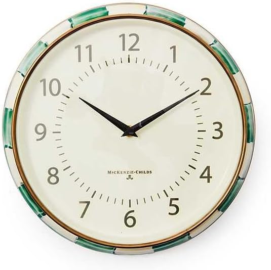 MACKENZIE-CHILDS Wall Clock, Decorative Enamel Clock for Kitchen and Living Room, Green-and-White Emerald Check