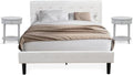 East West Furniture NL19Q-2HI14 3 Piece Bed Set - Button Tufted Platform Bed - Linen white Velvet Fabric Upholstered Headboard and an Urban Gray Finish Nightstand