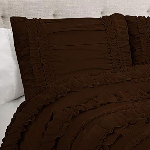 5 Piece Full Ruffles Layers Duvet Cover Set with Zipper Closure, 100% Egyptian Cotton, 1000 Thread Cotton - Full/Queen Size - Chocolate Solid