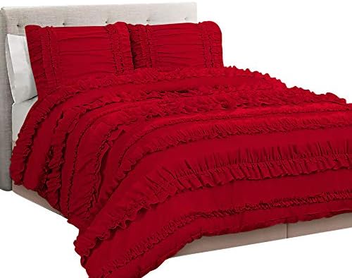 5 Piece Full Ruffles Layers Duvet Cover Set with Zipper Closure, 100% Egyptian Cotton, 1000 Thread Cotton - Full/Queen Size - Blood Red Solid