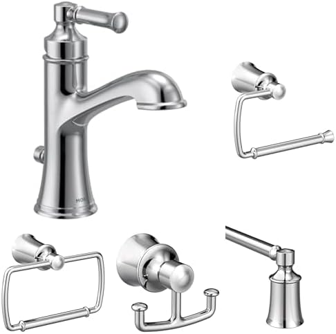 Moen Dartmoor Chrome Bathroom Set - Single Handle Sink Faucet 6803 with 24-Inch Towel Bar, Toilet Paper Holder, Robe Hook, and Towel Ring
