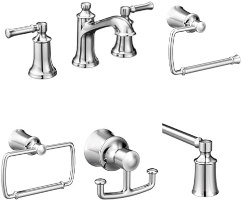 Moen Dartmoor Chrome Bathroom Set - Two-Handle Widespread Faucet with 24-Inch Towel Bar, Toilet Paper Holder, Robe Hook, and Towel Ring