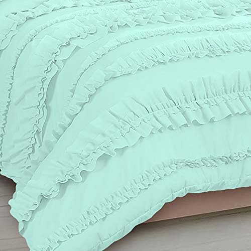 5 Piece Full Ruffles Layers Duvet Cover Set with Zipper Closure, 100% Egyptian Cotton, 1000 Thread Cotton - Full/Queen Size - Aqua Blue Solid