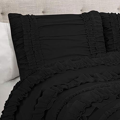 5 Piece Full Ruffles Layers Duvet Cover Set with Zipper Closure, 100% Egyptian Cotton, 1000 Thread Cotton - Full/Queen Size - Black Solid