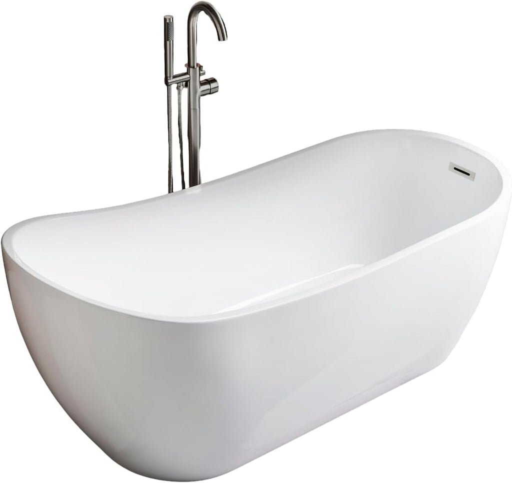 WOODBRIDGE 67' Acrylic Freestanding Bathtub Contemporary Soaking White Tub with Brushed Nickel Overflow and Drain,B-0001-BN