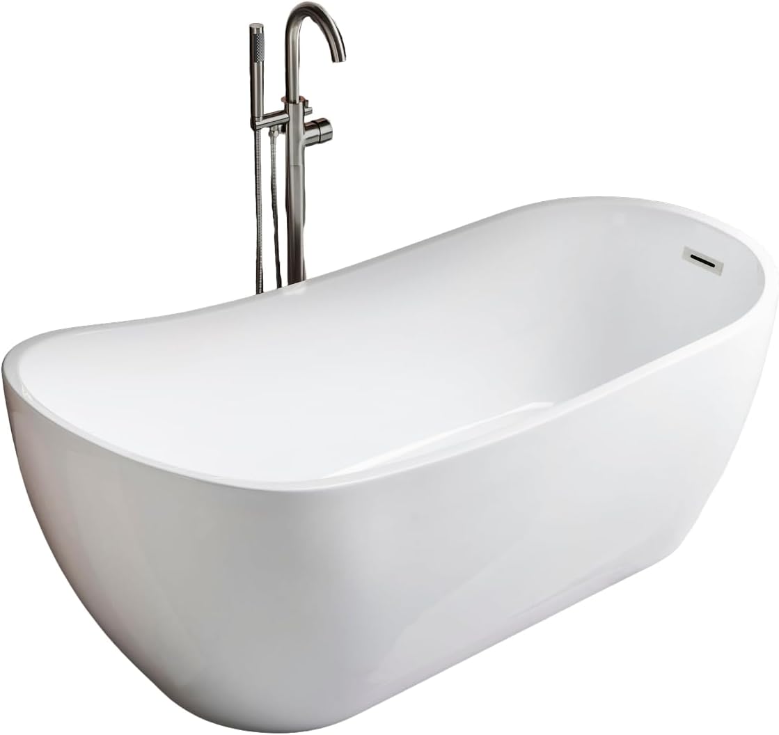 WOODBRIDGE 67' Acrylic Freestanding Bathtub Contemporary Soaking White Tub with Brushed Nickel Overflow and Drain,B-0001-BN