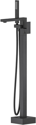 KIBI Freestanding Bathtub Faucet with Hand Shower, Floor Mounted Tub Filler - Single Handle Solid Brass Bathroom Faucet with 360 Swivel Spout, Cube Matte Black