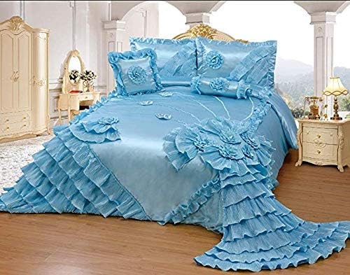 OctoRose Royalty Oversized Blue Wedding Bedding Bedspread | Cute Bed Set for Twin Size (76 x 96) | Aesthetic, Romantic and Fluffy | 5-Piece Set with 2 Pillow Sham, 1 Square Pillow, and 1 Neck Roll