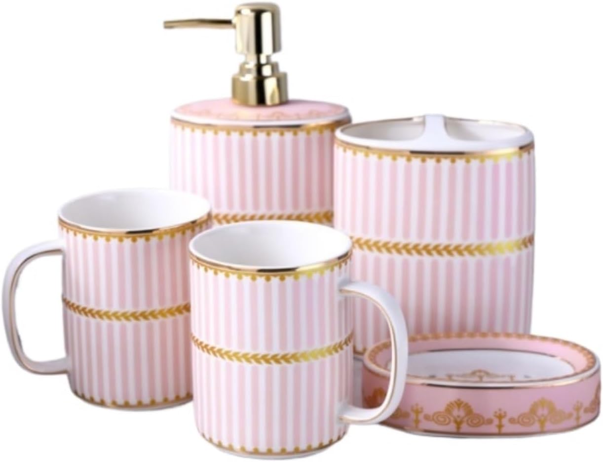 Countertop Accessories Set Ceramic Bathroom Accessories Set Bath Accessory Complete Set Decor 5 Piece Set Bath Room Sets(Pink)