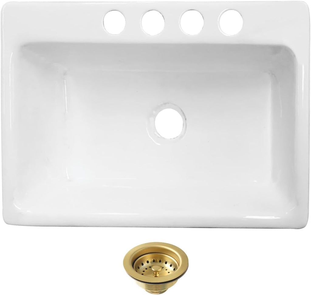 Kingston Brass Towne KGCKUS332297 Cast Iron Single Bowl Undermount Kitchen Sink with 4-Hole Drain and Strainer, White/Brushed Brass