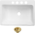 Kingston Brass Towne KGCKUS332297 Cast Iron Single Bowl Undermount Kitchen Sink with 4-Hole Drain and Strainer, White/Brushed Brass