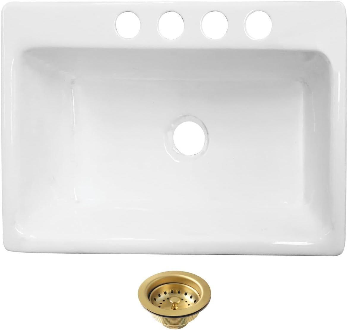 Kingston Brass Towne KGCKUS332297 Cast Iron Single Bowl Undermount Kitchen Sink with 4-Hole Drain and Strainer, White/Brushed Brass