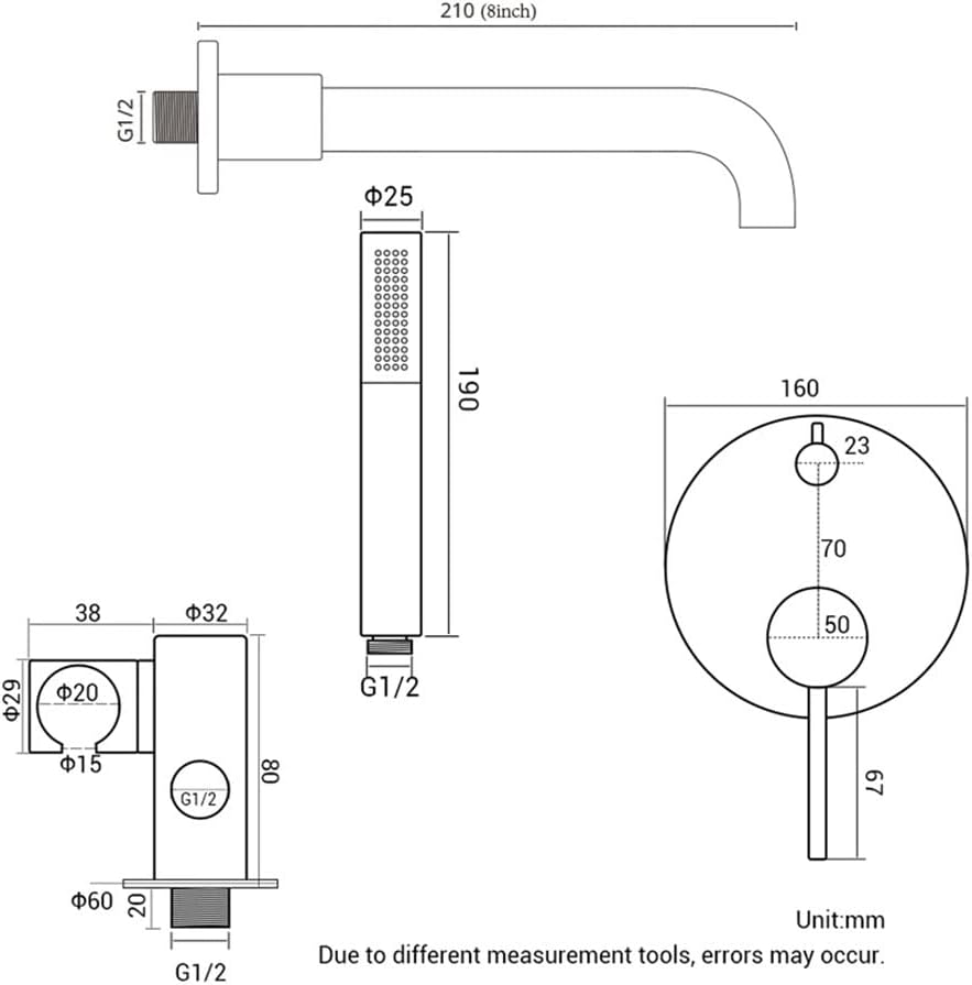 Bathtub Faucet with Shower, Tub Taps Hot and Cold Bathroom Faucet Brushed Brass Shower Faucet Diverter, with Wall Mount Spout Handheld Hose Bathtub Filler Mixer Tap Set,Black