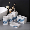 Ancient Style Bathroom Accessories Set Resin Bath Ensemble Includes Toothbrush Holder, 2 Tumblers, Liquid Soap Dispenser, Soap Dish, Printed Blue,Without Tray
