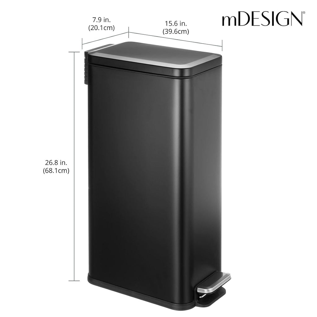 mDesign Slim Metal Rectangle 7.9 Gallon Trash Can with Step Pedal, Easy-Close Lid, Removable Liner - Narrow Wastebasket Garbage Container Bin for Bathroom, Bedroom, Kitchen, Office - Black