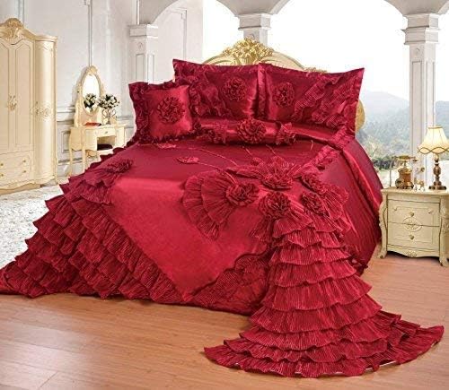 OctoRose Royalty Oversized Bright Red Wedding Bedding Bedspread | Cute Bed Set for Queen Size (102x110) | 5-Piece Set with 2 Pillow Sham, 1 Square Pillow, & 1 Neck Roll