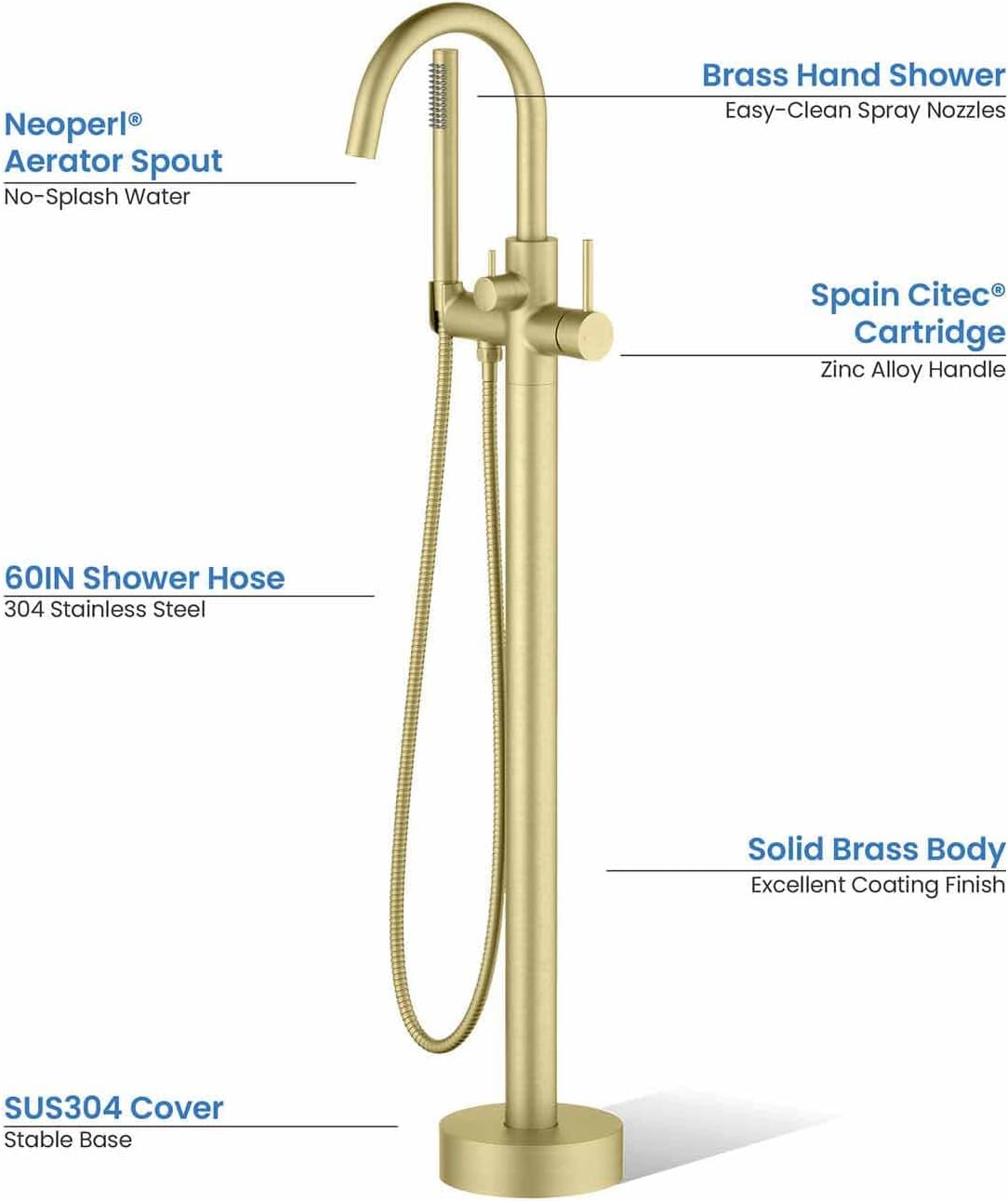 KIBI Circular Floor Mount Bathtub Faucet with Hand Shower | Single Handle Freestanding Tub Filler | Modern Bath Faucet | Brushed Gold Finish | Solid Brass | KTF301