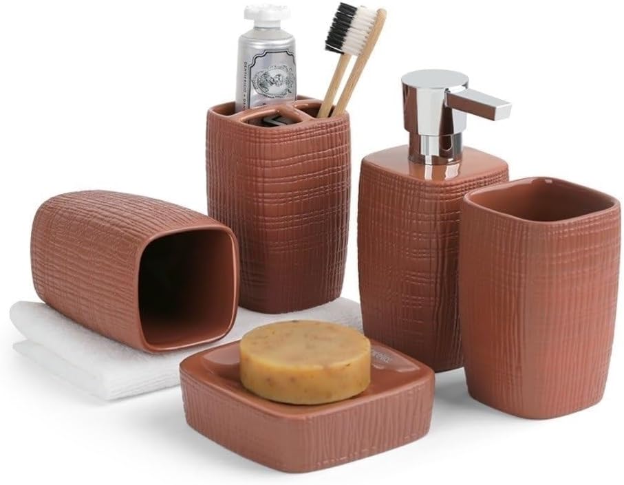 5-Piece Ceramic Bathroom Accessories Set, Soap Dispenser Toothbrush Holder Cup Soap Dish Bath Set(Brown)