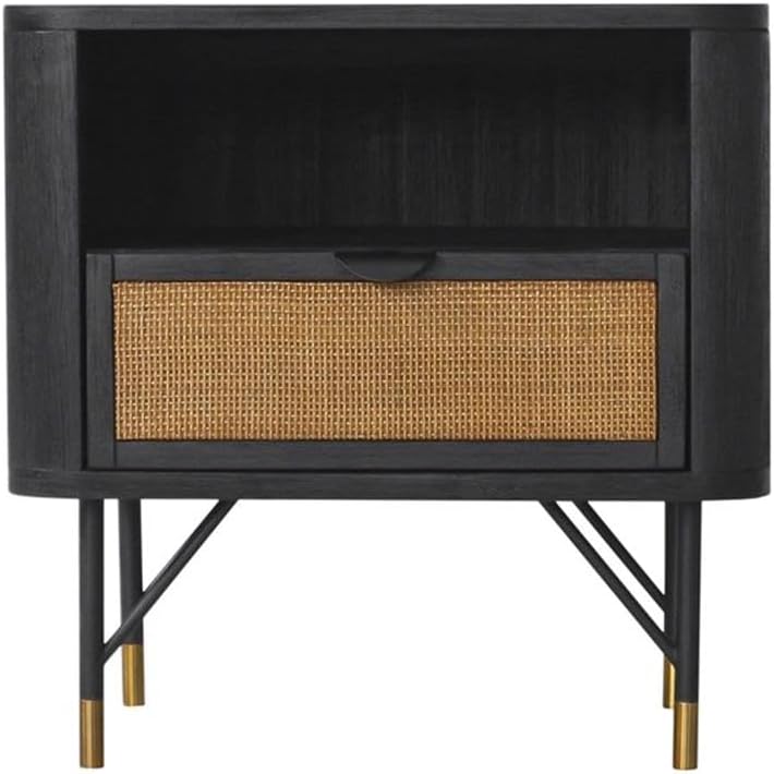 Armen Living Saratoga 3 Piece Queen Bedroom Set in Black Acacia Wood and Rattan