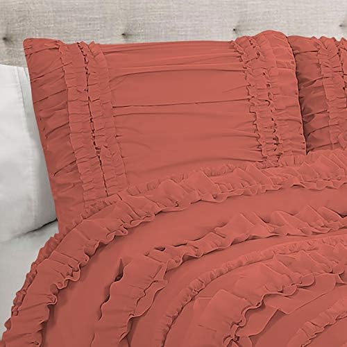 5 Piece Full Ruffles Layers Duvet Cover Set with Zipper Closure, 100% Egyptian Cotton, 1000 Thread Cotton - Full/Queen Size - Brick Red Solid