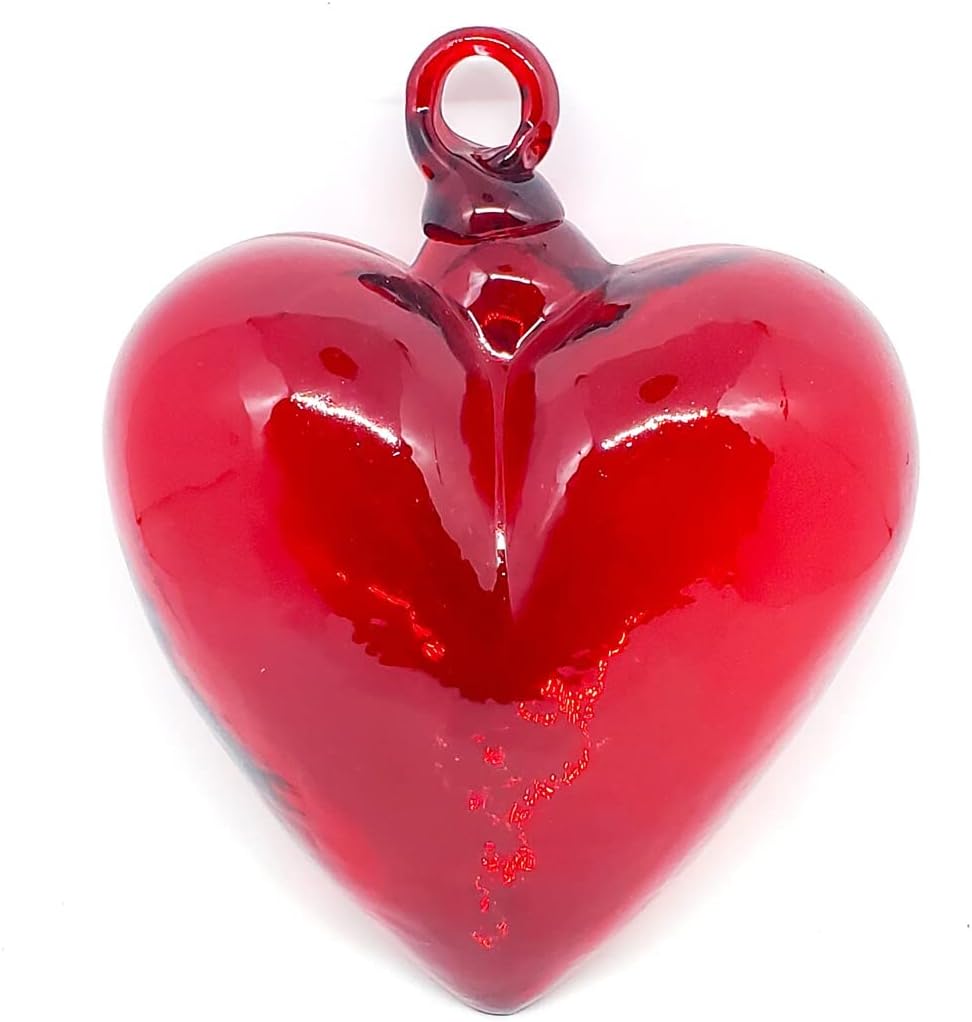 Red 5.1 inch Large Hanging Glass Hearts (Set of 6), Recycled Blown Glass (LGE Red Hearts)