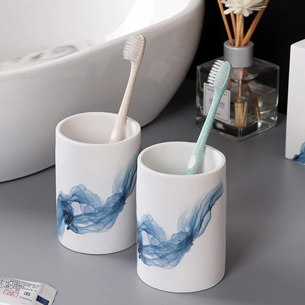 Ancient Style Bathroom Accessories Set Resin Bath Ensemble Includes Toothbrush Holder, 2 Tumblers, Liquid Soap Dispenser, Soap Dish, Printed Blue,Without Tray