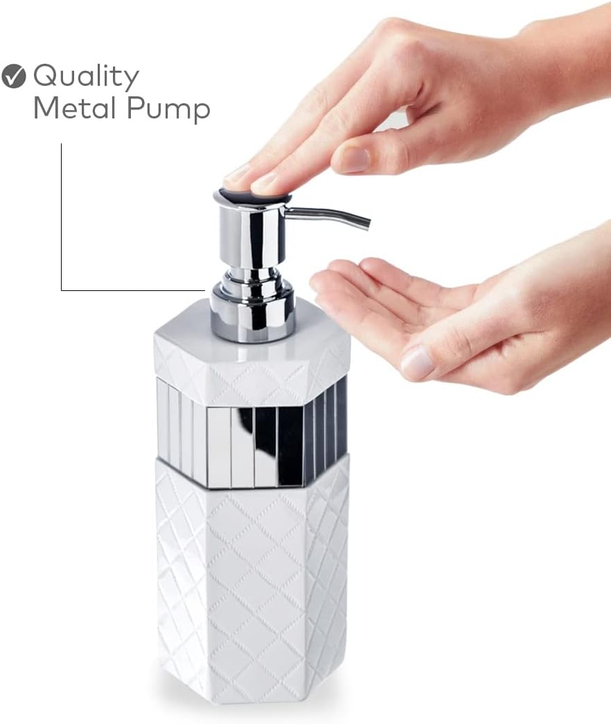 Creative Scents Quilted Mirror White Bathroom Accessories Set - 7 Pc Bathroom Set Includes Trash Can, Tissue Cover, Vanity Tray, Soap Dispenser, Toothbrush Holder, Tumbler & Soap Dish (Quilted Mirror)