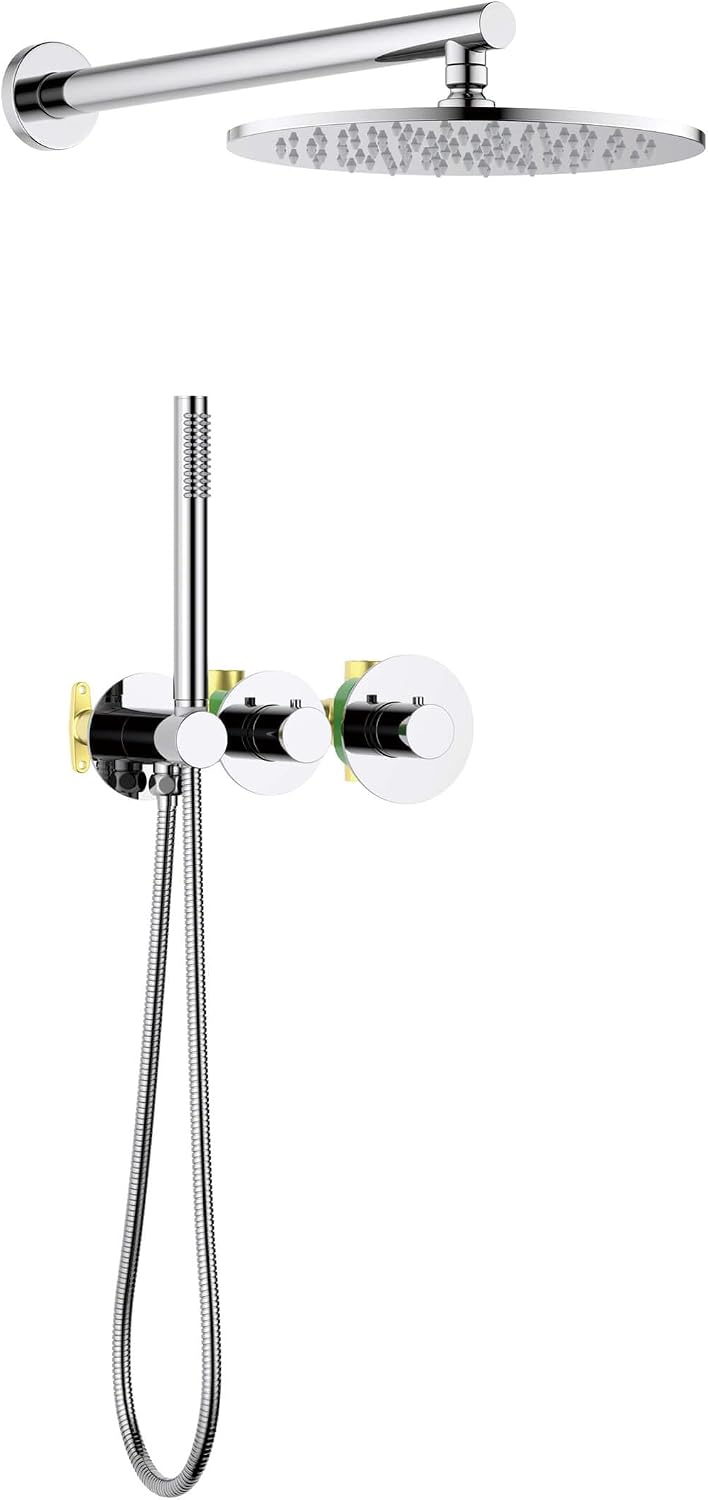 KIBI Circular Thermostatic Shower System with Valve, 2-Function Wall Mounted Shower Faucet Set – Solid Brass Bathroom Shower Trim Kit with Temperature Control, Chrome Finish (KSF410)