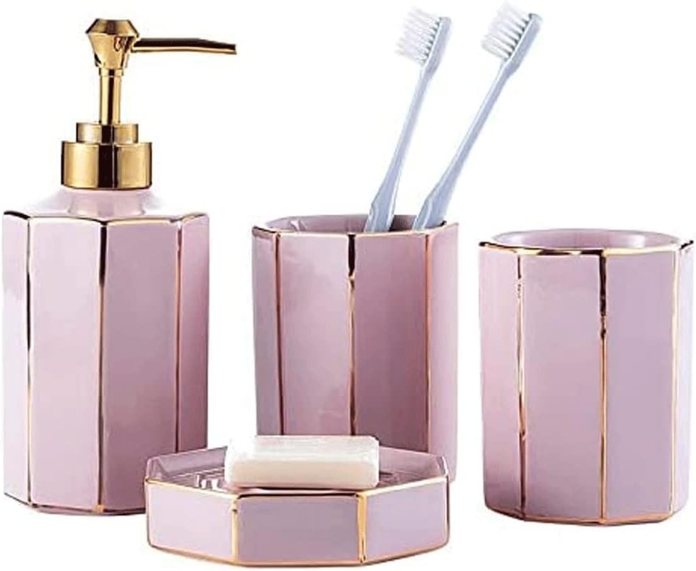 Bathroom Accessories Set Complete, 4-Piece Ceramic Bathroom Toothbrush Holder and Soap Dispenser Set, Soap Dish Bathroom Decor (Color : Green) (Pink)