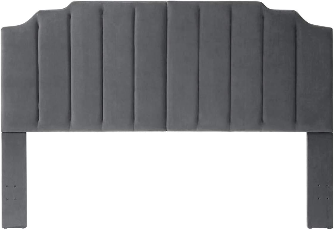 24KF Dark Gray Velvet Tufted King Upholstered Headboard, Modern Vertical Channel Design California King Headboard with Stepped Silhouette Top Edge,Dark Gray