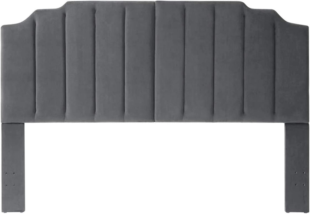 24KF Dark Gray Velvet Tufted King Upholstered Headboard, Modern Vertical Channel Design California King Headboard with Stepped Silhouette Top Edge,Dark Gray