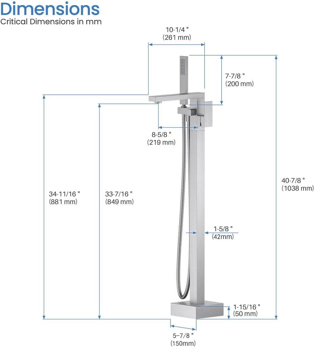 KIBI Cube Brushed Nickel Freestanding Bathtub Faucet ‑ Floor‑Mounted Brass Tub Filler | Single‑Handle Bathroom Faucets with Hand Shower, Ceramic Cartridge & Stainless Steel Hose (KTF302BG)