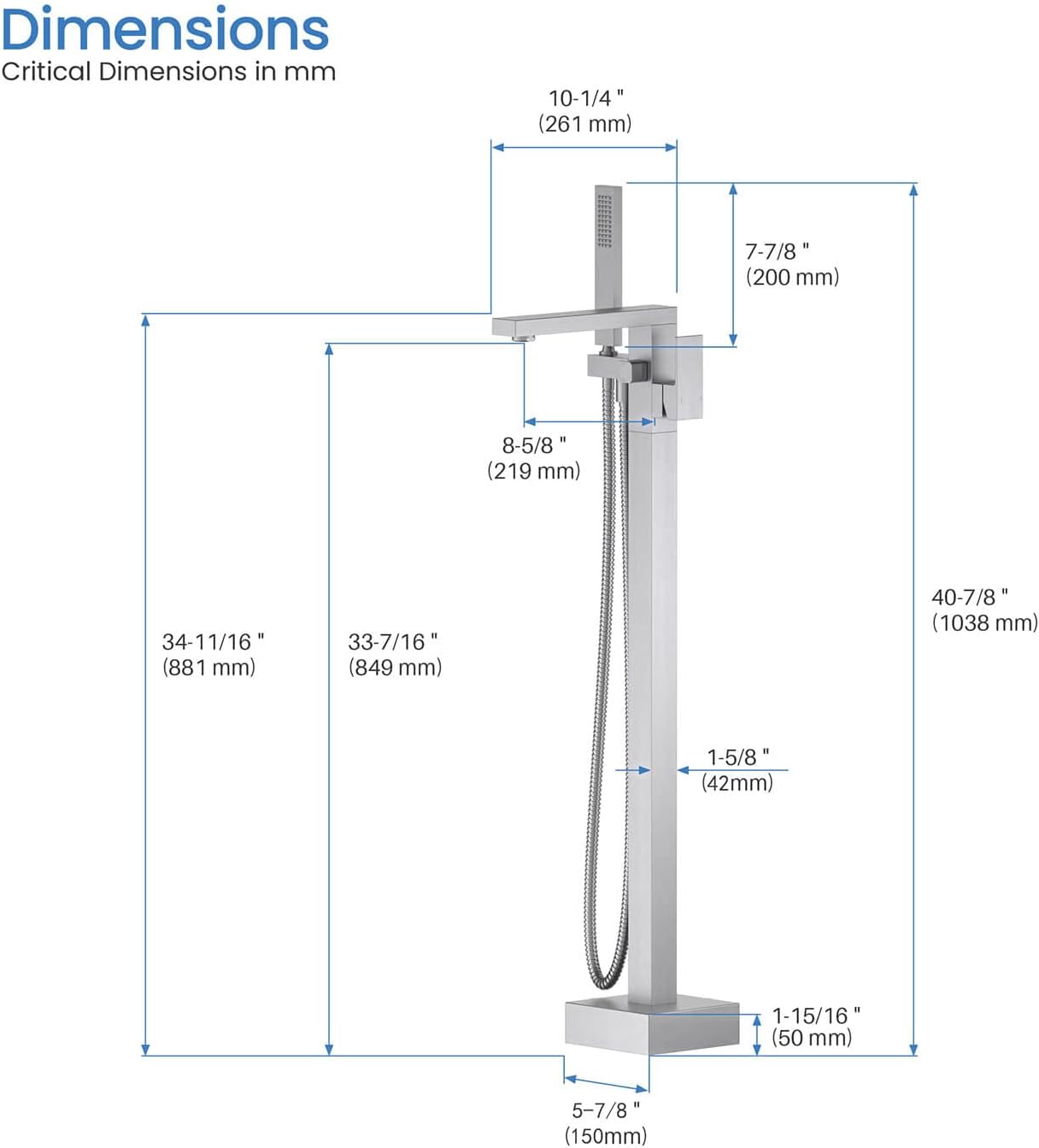 KIBI Cube Brushed Nickel Freestanding Bathtub Faucet ‑ Floor‑Mounted Brass Tub Filler | Single‑Handle Bathroom Faucets with Hand Shower, Ceramic Cartridge & Stainless Steel Hose (KTF302BG)