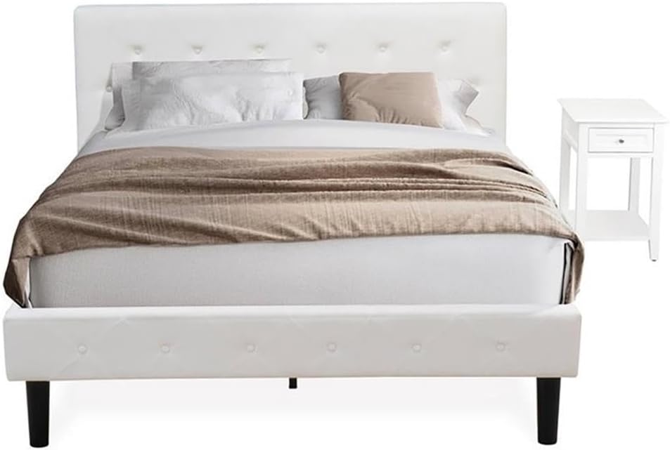 East West Furniture NL19Q-1DE05 2 Piece Queen Size Bedroom Set - Button Tufted Modern Bed Frame - Linen white Velvet Fabric Upholstered Headboard and a Linen white Finish Nightstand