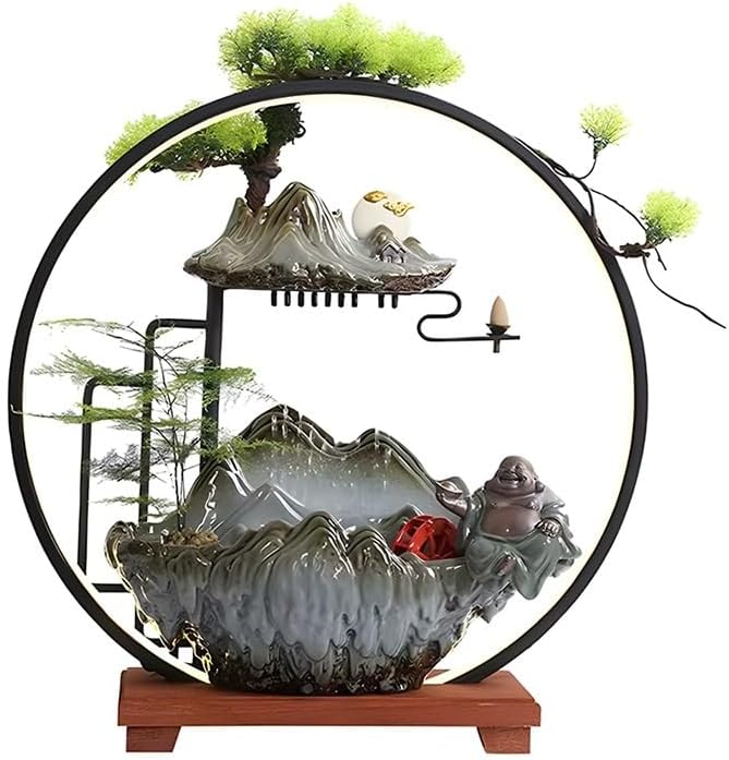 GZHERVICES Tabletop Fountains with Ceramic Sculpture, 3D Indoor Waterfall with LED Light Ring and Backflow Incense Burner, Indoor Rain Curtain Waterfall Water Feature with Mist(Diameter 35cm/13.78in)