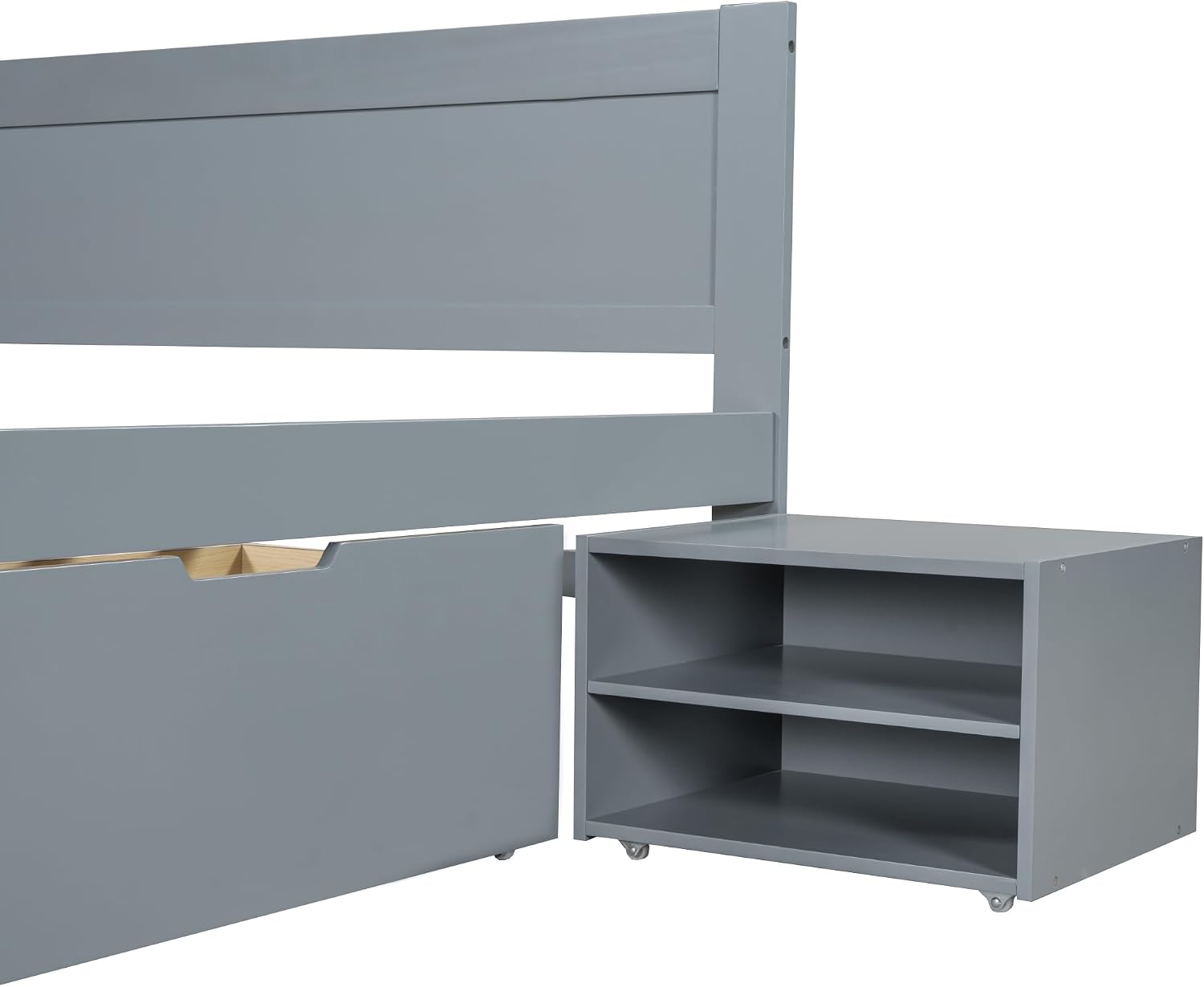 Wood Full Size Platform Bed with Storage Drawer and Removable Bedside Table, Modern Captain's Bed Frame with Shelves, Sturdy Slat Support, No Box Spring Required (Gray-9.29)