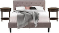 East West Furniture NL14Q-2HI07 3 Piece Bedroom Set - Button Tufted Wooden Bed - Brown Taupe Velvet Fabric Upholstered Headboard and a Distressed Jacobean Finish Nightstand