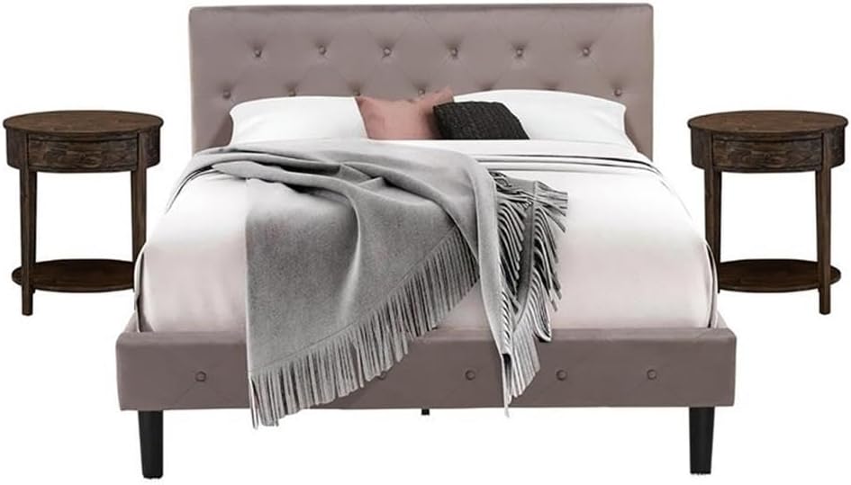 East West Furniture NL14Q-2HI07 3 Piece Bedroom Set - Button Tufted Wooden Bed - Brown Taupe Velvet Fabric Upholstered Headboard and a Distressed Jacobean Finish Nightstand