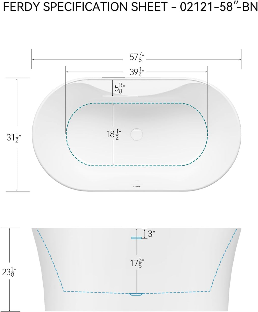 FerdY Santorini 58' Acrylic Freestanding Tub, Gracefully Shaped Contemporary Soaking Tub, Glossy White, cUPC Certified, White Toe-tap Drain and
