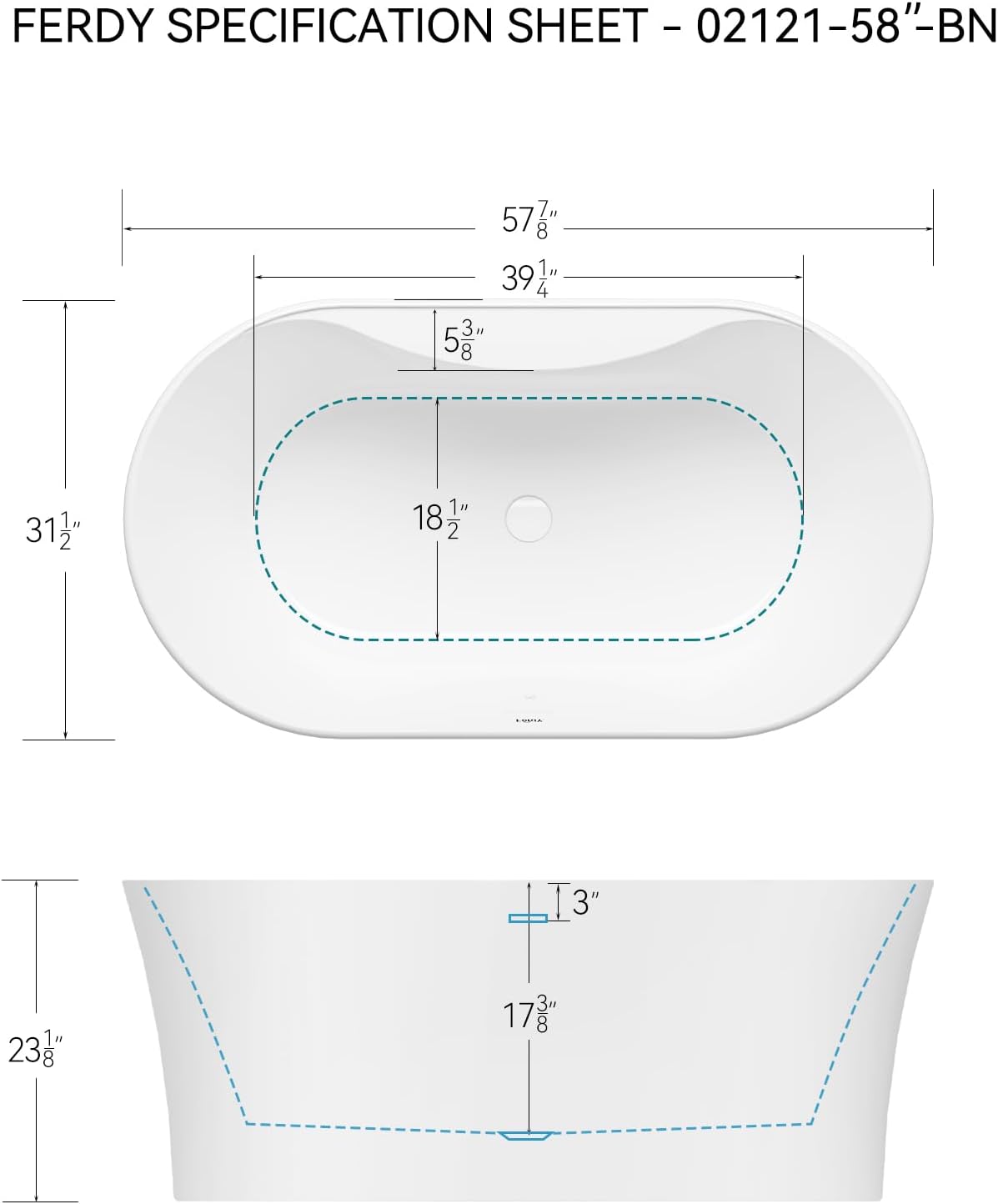 FerdY Santorini 58' Acrylic Freestanding Tub, Gracefully Shaped Contemporary Soaking Tub, Glossy White, cUPC Certified, White Toe-tap Drain and