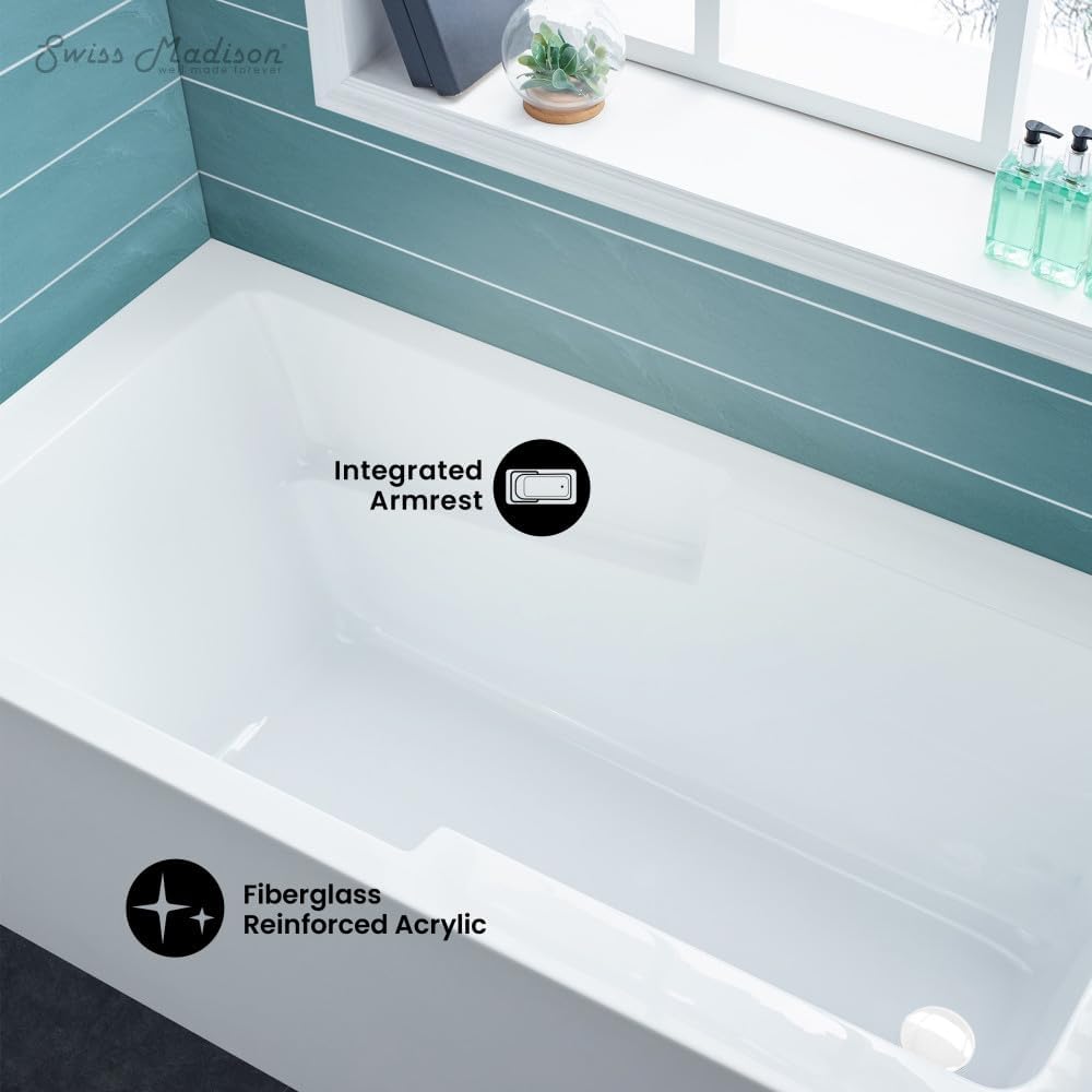 Swiss Madison Voltaire 60 x 30 Skirted Right Drain Soaking Apron Bathtub in Glossy White with Integrated Overflow and Armrest, Drain Included