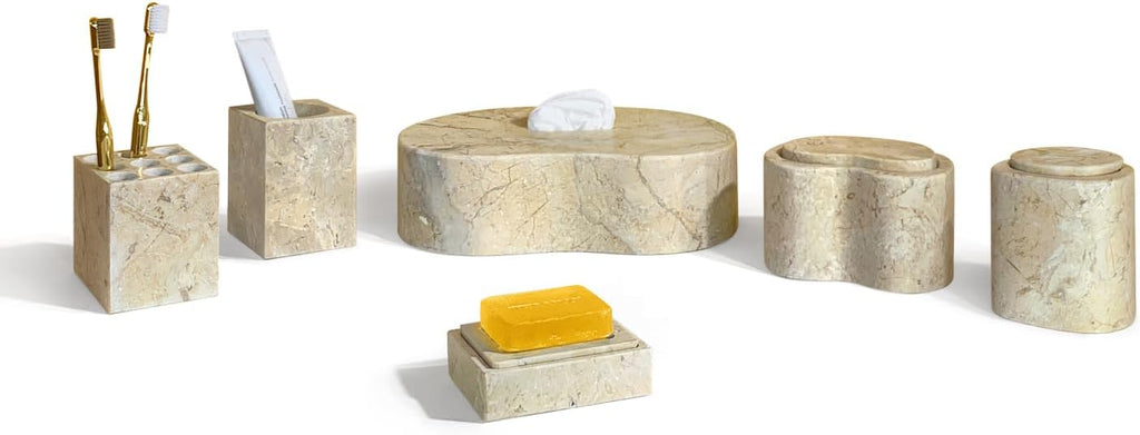 Natural Marble Bathroom Accessories Set, Beige Gold - 6-Piece Set for Modern Home Decor