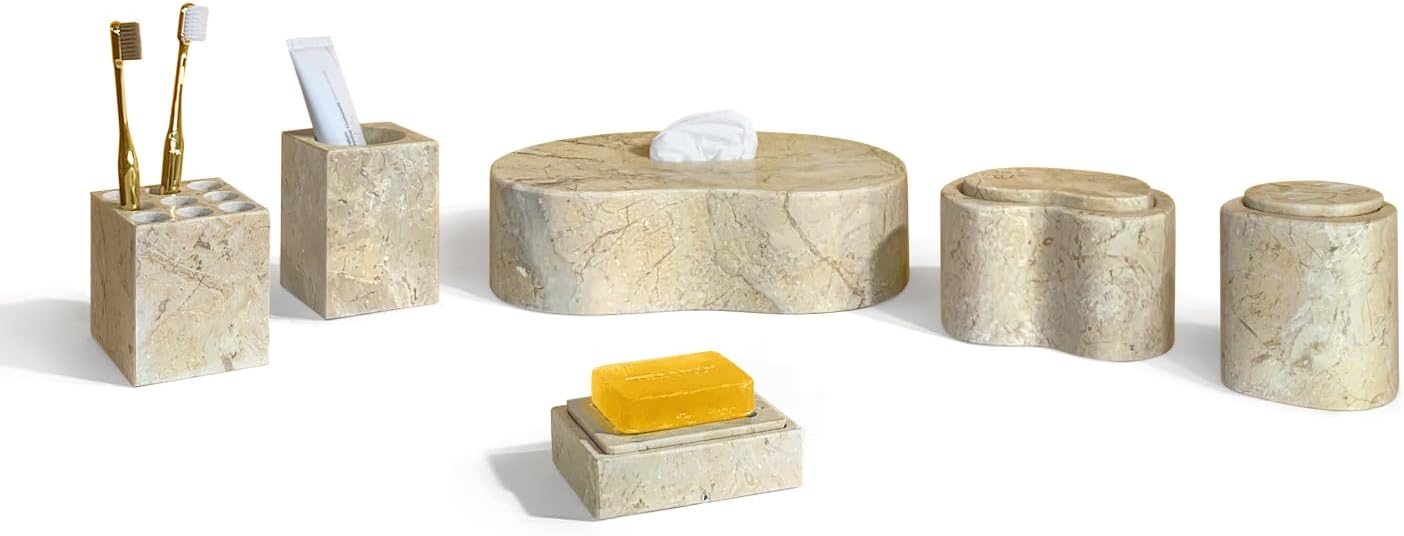 Natural Marble Bathroom Accessories Set, Beige Gold - 6-Piece Set for Modern Home Decor