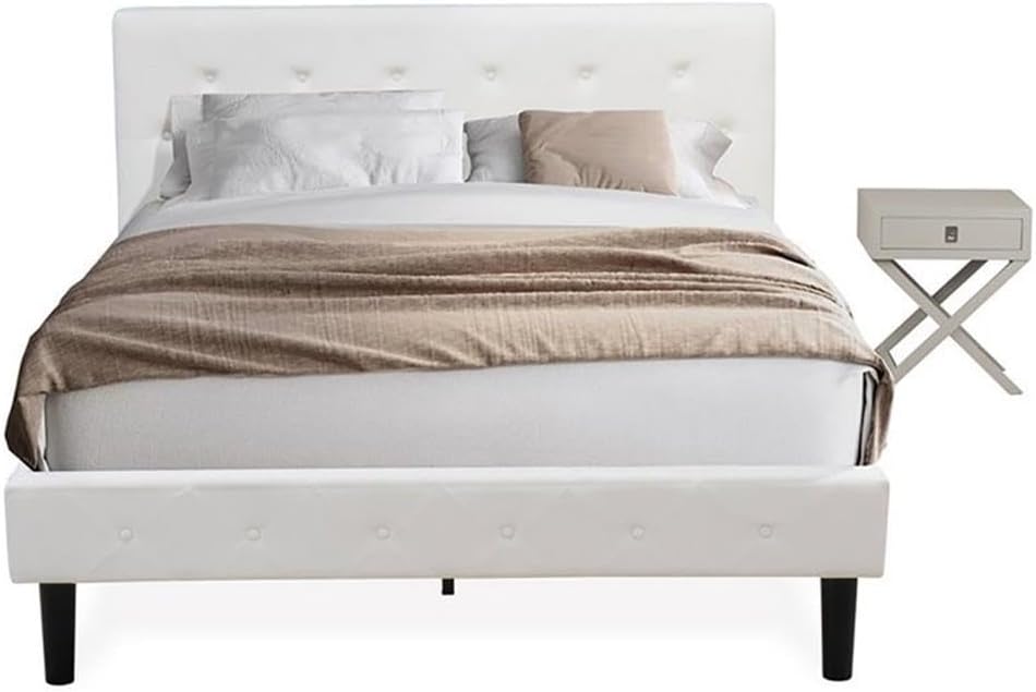 East West Furniture NL19Q-1HA14 2 Piece Bedroom Set - Queen Size Button Tufted Bed Frame - Linen white Velvet Fabric Upholstered Headboard and an Urban Gray Finish Nightstand