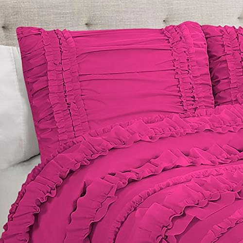 5 Piece Full Ruffles Layers Duvet Cover Set with Zipper Closure, 100% Egyptian Cotton, 1000 Thread Cotton - Full/Queen Size - Hot Pink Solid