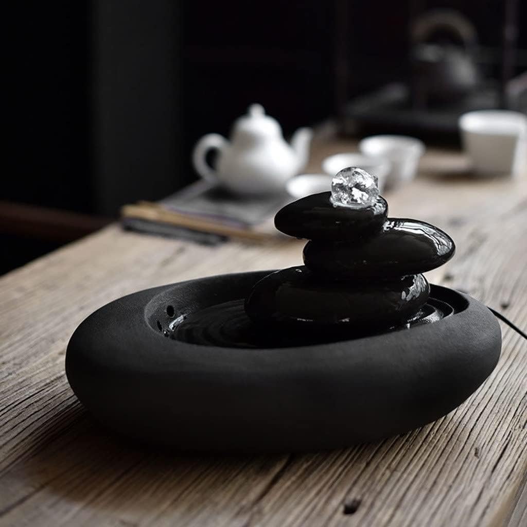 HIHELO Desktop Fountain Casual Tabletop Fountain Ceramic Zen 3 Tier Stone Mountain Fountain Home Ceramic Decor Crafts, Black Water Fountain Outdoor